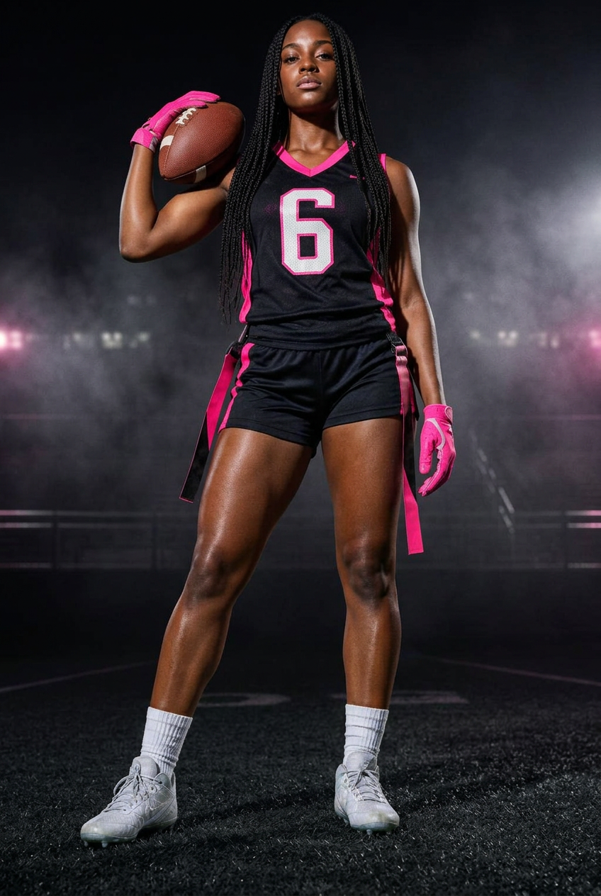 Flag football athlete holding a football